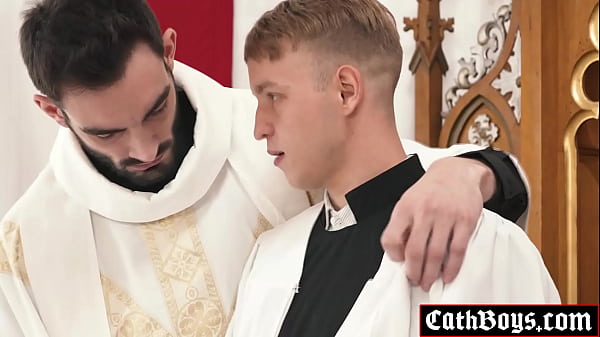 Image Father Jack Aries unbuckling his belt to whip out his cock to give altar boy Noah White one of the best training