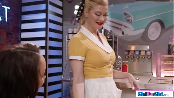 Image Busty milf waitress licks ebony customers pussy in her diner