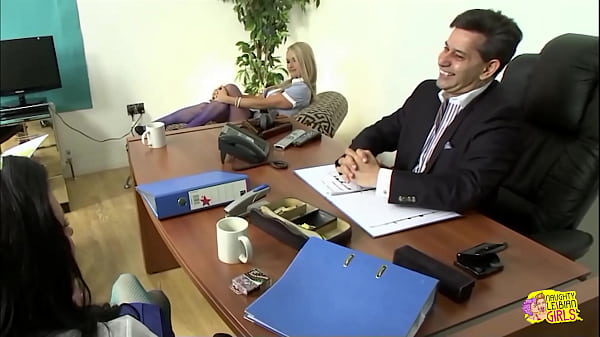 Image The boss fucks a hot brunette while two hot girls are waiting for their turn