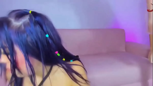 Image Purple haired girl gets throat fucked leaving cock drooling