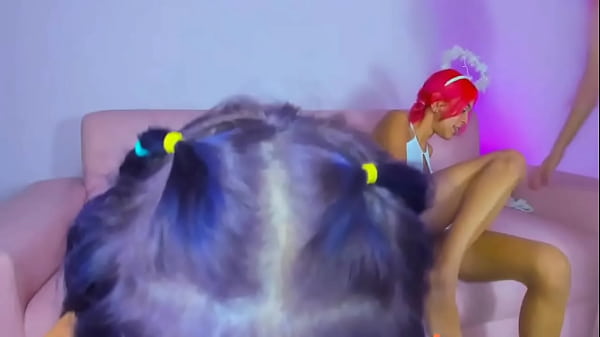 Image This purple-haired girl is ruthless as she swallows the entire cock down her throat