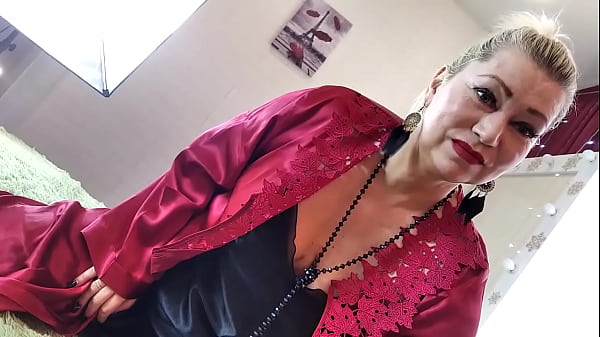 Image Mature Slut Wife in a red satin negligee, with a ponytail on her head and a dick in her mouth ...))