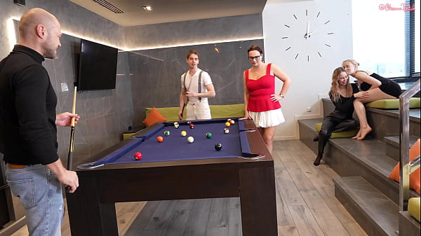 Image Two leggy blondes are chatting sweetly while their boyfriends Fuck a MILF in the Ass on a billiard table!