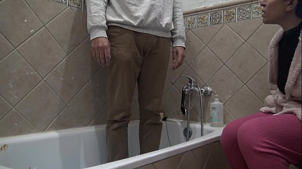 Image TABOO FAMILY: stepmother watching how her stepson washing his dirty cock in front of her