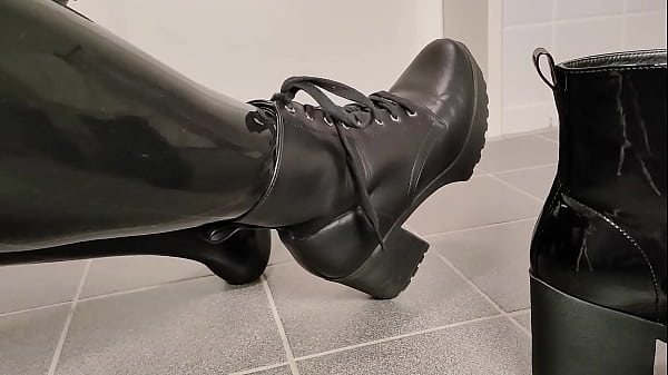 Image Changing the chunky platform high heel boots while wearing shiny latex - ASMR