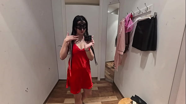 Image Camera in a public fitting room! Nice brunette tries on underwear!