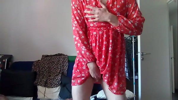 Image Crossdresser secretary in a cute flower dress for summer