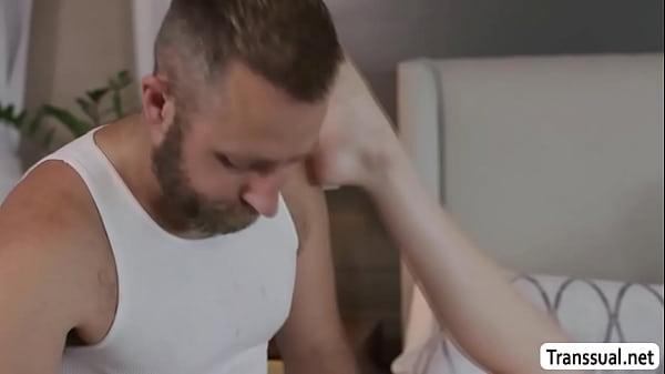 Image Lucky dude bareback fucks horny blonde shemales ass
