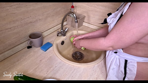 Image Hot milf housewife having fun: bananas, cucumber and zucchini in all holes