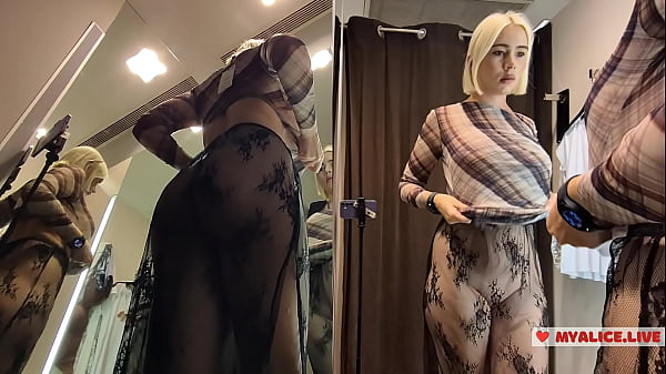 Image Upskirt view on pussy. Blonde with big tits try on haul see throug clothes