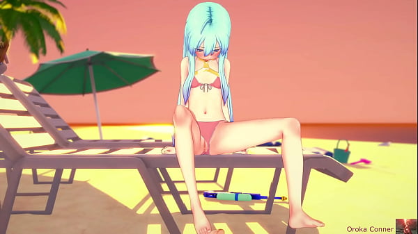 Image Sex at the beach, young cute 19 year old blue haired girl, fucked hard missionairy in koikatsu