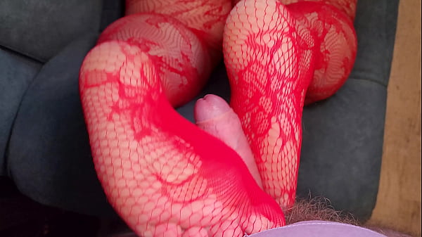 Image Footjob by BBW Milf in Red Lace Stockings and Black Panties