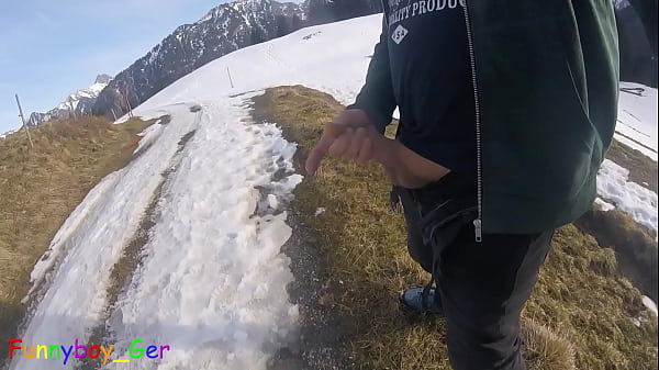 Image White snow and white cum in the mountains. In the middle of the hiking trail I just had to take out my cock and jerk it off until I came.