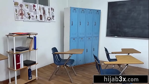 Image Nerdy Muslim Teacher Triple-Teamed by Three of Her Students in the Classroom