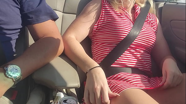 Image Squirting Hot blonde dildo fucking herself in convertible on highway