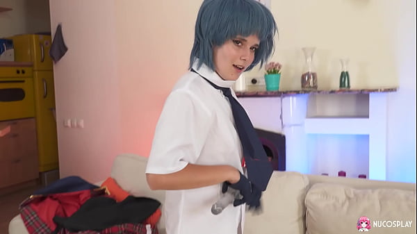 Image Hot naughty girl Loli Pop in her cosplay costume fucks herself with a glass dildo.