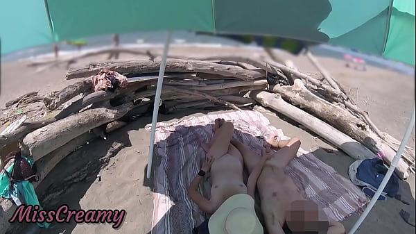 Image #2 Exhibitionist Wife Outdoor Amateur Milf Handjob Big Cock on Nudity Beach public in front of voyeur with cumshot - MissCreamy