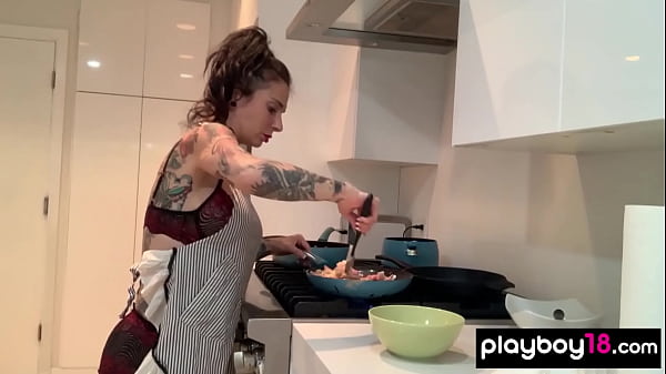 Image Inked MILF housewife Joanna Angel cooking and dildoing her hungry pussy