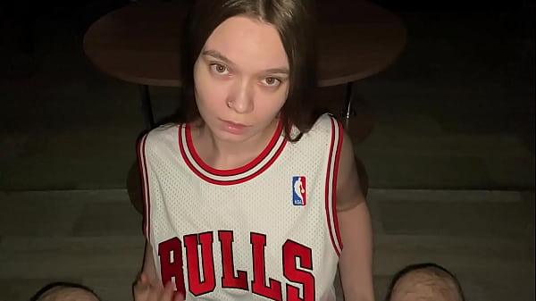 Image Good girl gives her stepdad a deep blowjob while kneeling. Cum on stepdaughter big natural tits