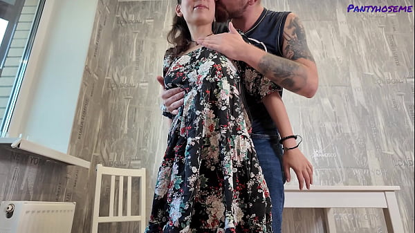 Image Big Natural Tit Brunette Tais Fucks Husband At The Kitchen Table Wearing Tan Pantyhose