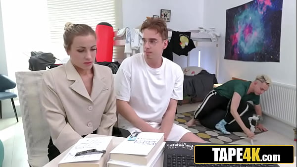 Image Hot Blonde Russian Literature Teacher Tricked and DPed by Two Horny Students