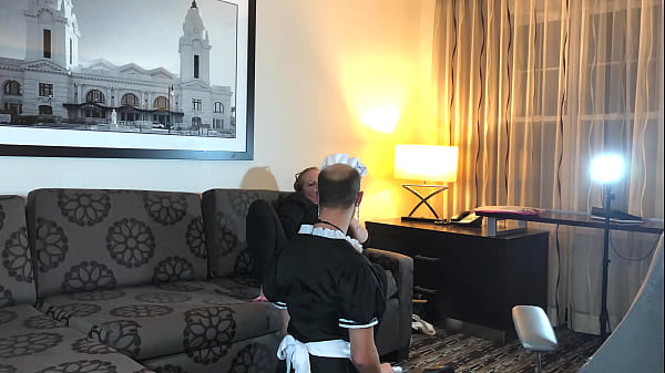 Image Man Feminized into Maid then Worships Boss Feet and Sucks Strapon
