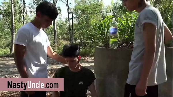 Image Three latino teens having fun in the forest bareback style