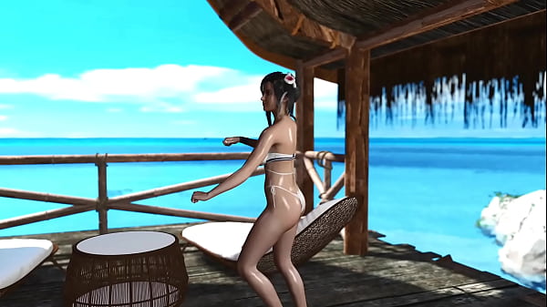 Image Skinny wet Tifa Lockhart in lowered bikini casually dancing on the beach
