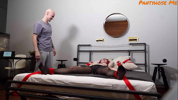 Image Girl Tied Up To Bed and Fucked In Ripped Black Pantyhose