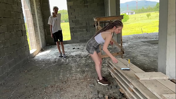 Image Two Russian guys fucked a cute slut in an abandoned building hard in the mouth and pussy and filled her with sperm