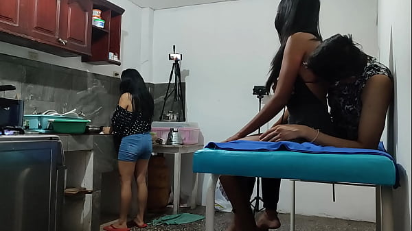 Image A woman visits her friend, and then a neighbor arrives to have a romance at the house. They touch each other and want to fuck.