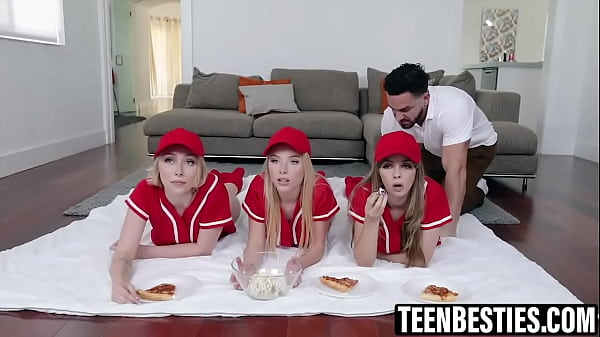 Image Sporty teenage BFFs interrupted while watching a game to have their pussies railed in a foursome.