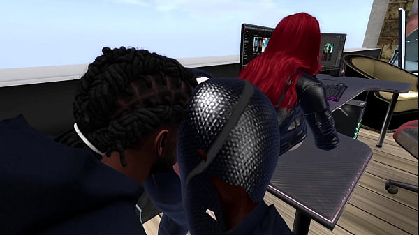 Image Second Life Black man fucks red head white woman on a computer desk and chair