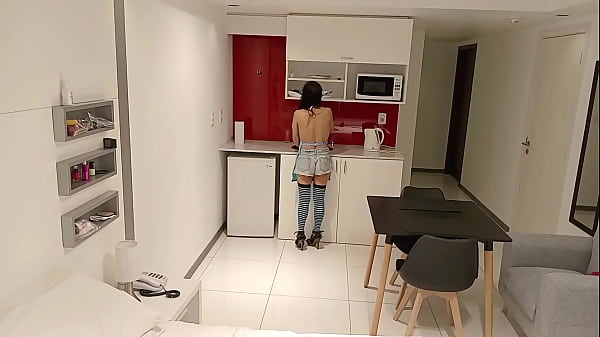 Image Sexy brunette cooking, sucking my cock while I dress as a woman