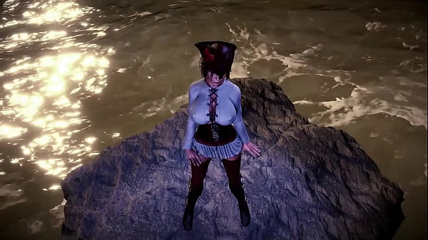 Image Pirate queen Lara Croft seductively dances on the coast before storm