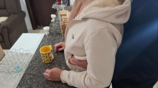 Image A stepdaughter is surprised while having breakfast.