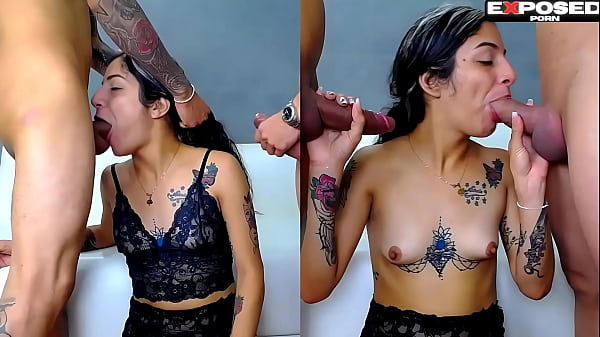 Image Sexy girl gives sloppy blowjobs to two hot cocks