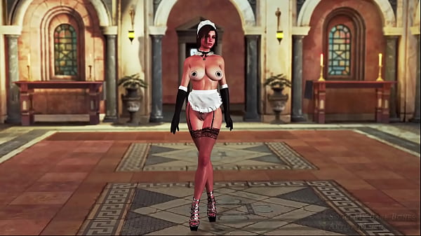 Image Sultry tonned Lara Croft in maid uniform welcomes guests at country villa