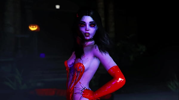 Image Young vampire girl in red dress beckons her prey with dance and sexy body
