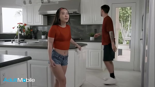 Image ADULTMOBILE - Petite Stunning Girl Feels Her Stepbro's Cock Through His Boxers Before Taking It Out And Sucking It Dry