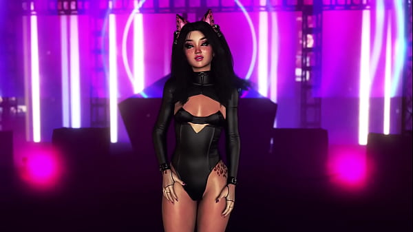 Image Exotic fluffy cat girl in tight bodysuit dancing alone in night club