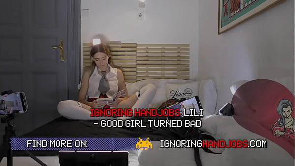 Image Amazingly beautiful hot and horny blonde reads a book and gives a handjob to a big cock guy