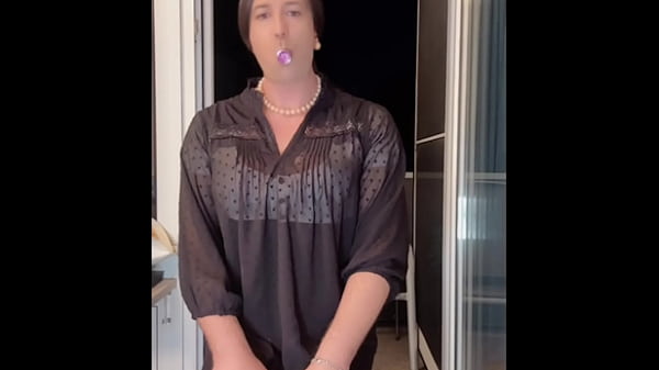 Image Sissy teasing and dildo riding on balcony