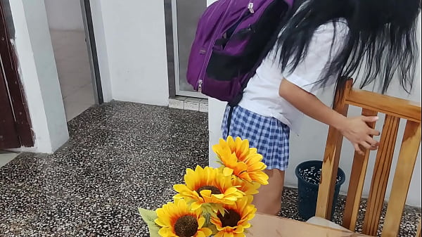 Image A fake student in a sexy short skirt masturbates at home with a dildo. Her tits look inflated.