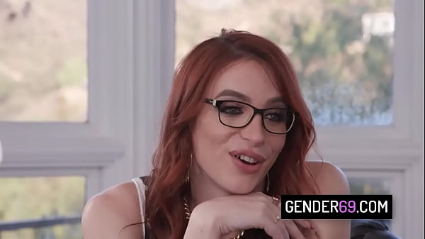 Image Stunning redhead tranny boss Janie Blade sucks cock and gets her ass barebacked