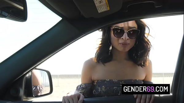 Image Sexy trans teen Valentina Mia hitch on a random car and fuck the driver