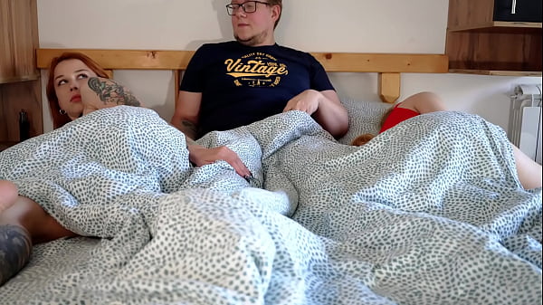 Image My stepbrother's girlfriend catches me sucking him off and joins in us!