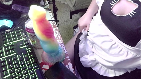 Image catboy maid fucks himself with a knotted dildo, squirts, fucks his thighs, pees on his paws, and cums for master while dirty talking