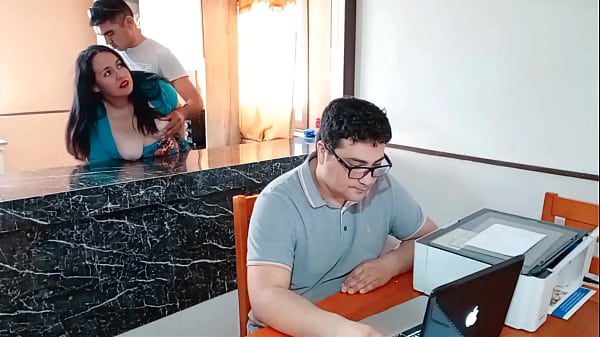 Image My cuckold husband works while my stepson fucks me in the kitchen