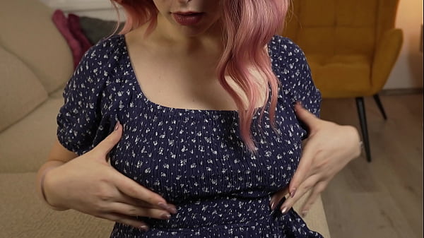 Image Busty wife in a blue dress gets fucked from behind and ends up with cum on her tits